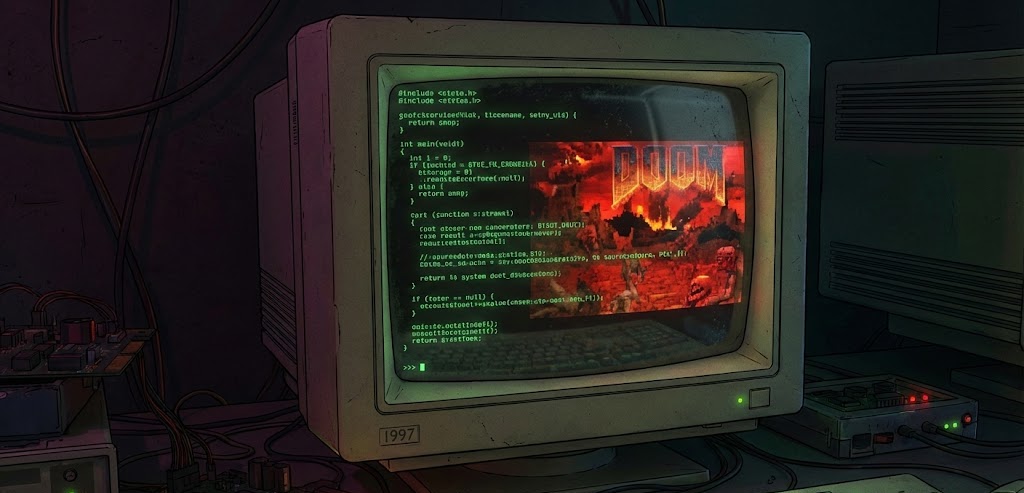 DOOM source code on a CRT monitor with hellscape reflection